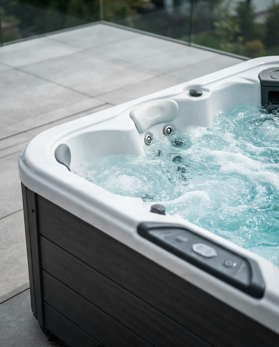 Close-up-sleek-editorial-photo-of-a-modern-jacuzzi-with-white-acrylic-shell-and