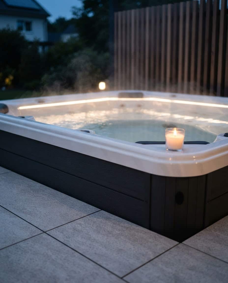Close-up-sleek-editorial-photo-of-a-modern-jacuzzi-with-white-acrylic-shell-and