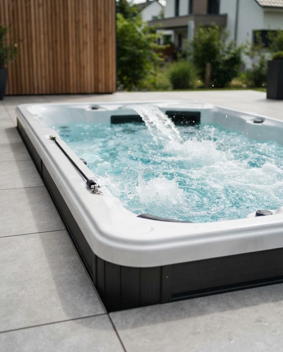 Close-up-sleek-editorial-photo-of-a-modern-swim-spa-with-white-acrylic-shell-and