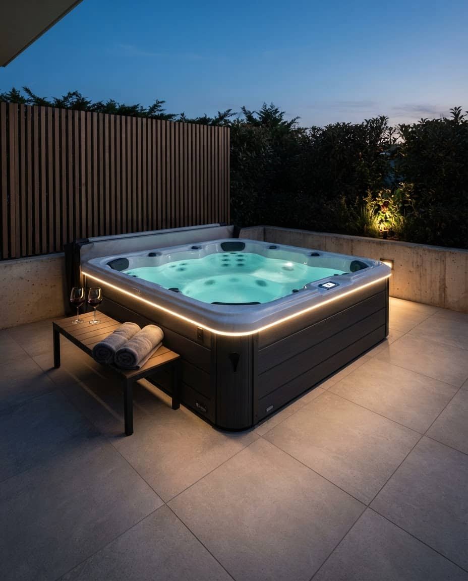 Wide-sleek-editorial-photo-of-a-modern-swim-spa-with-white-acrylic-shell-and-dar